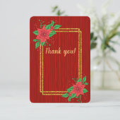 Kerst Rode Poinsettia Goud Lijst bruiloft Bedankkaart (Staand voorkant)
