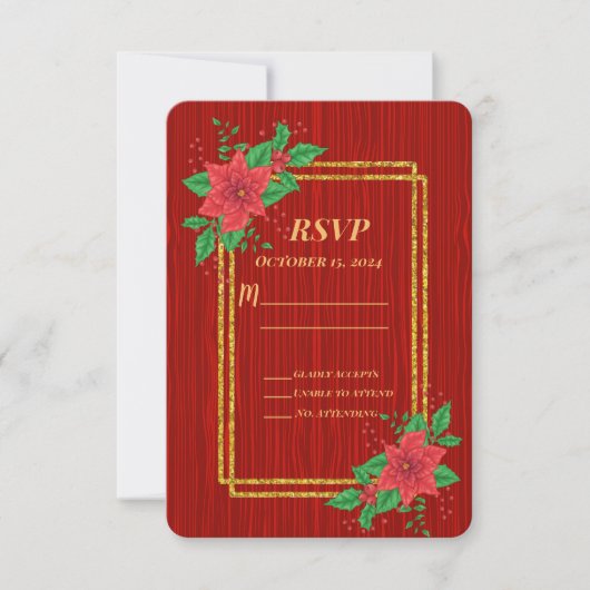 Kerst Rode Poinsettia Goud Lijst bruiloft RSVP Kaartje (Voorkant)