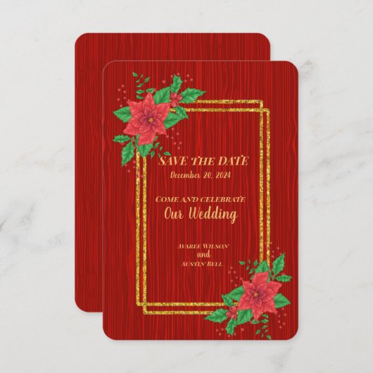 Kerst Rode Poinsettia Goud Lijst bruiloft Save The Date (Voorkant / Achterkant)
