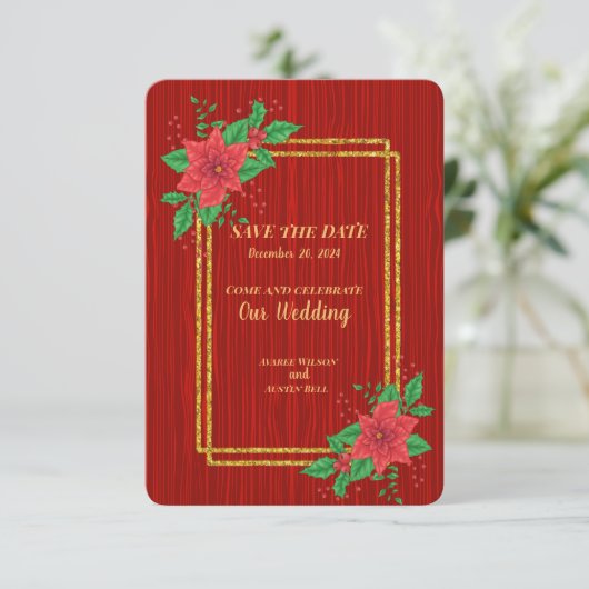 Kerst Rode Poinsettia Goud Lijst bruiloft Save The Date (Staand voorkant)