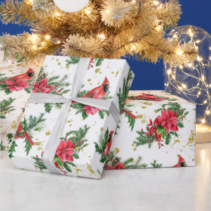 Kerst Rode Poinsettia Kardinaal Vogels Cadeaupapier