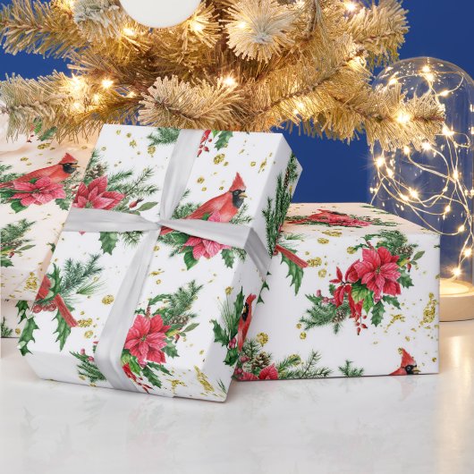 Kerst Rode Poinsettia Kardinaal Vogels Cadeaupapier (Feestdagen)
