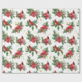 Kerst Rode Poinsettia Kardinaal Vogels Cadeaupapier (Vlak)