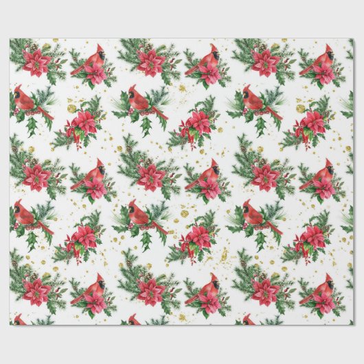 Kerst Rode Poinsettia Kardinaal Vogels Cadeaupapier (Vlak)