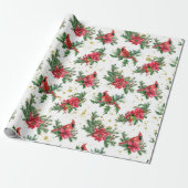 Kerst Rode Poinsettia Kardinaal Vogels Cadeaupapier (Uitgerold)
