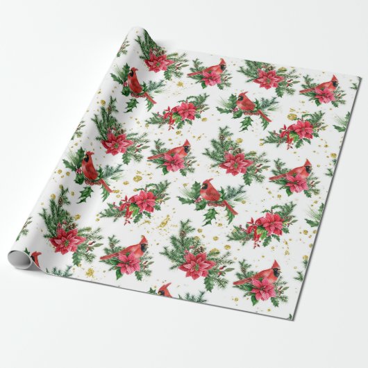 Kerst Rode Poinsettia Kardinaal Vogels Cadeaupapier (Uitgerold)
