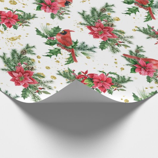 Kerst Rode Poinsettia Kardinaal Vogels Cadeaupapier (Hoek)