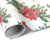 Kerst Rode Poinsettia Kardinaal Vogels Cadeaupapier (Rol Hoek)