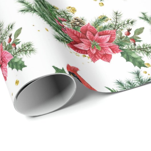 Kerst Rode Poinsettia Kardinaal Vogels Cadeaupapier (Rol Hoek)