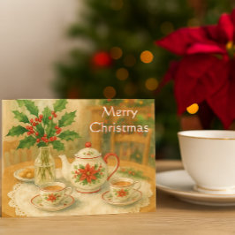 Kerst Rode Poinsettia Theepot  Briefkaart