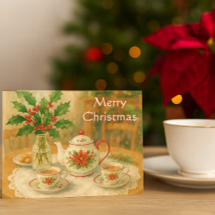 Kerst Rode Poinsettia Theepot  Briefkaart