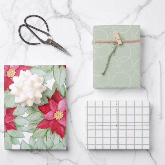 Kerst Rode Poinsettia Waterverf Handgeschilderd Inpakpapier Vel (Voorkant)