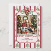 Kerst rode retro strepen dennenboog foto feestdagenkaart (Voorkant)