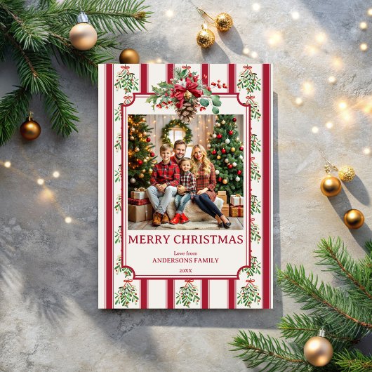 Kerst rode retro strepen dennenboog foto feestdagenkaart