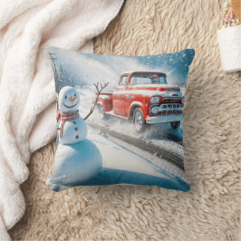 Kerst Rode Retro Truck Met Sneeuwman Kussen