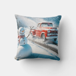 Kerst Rode Retro Truck Met Sneeuwman Kussen