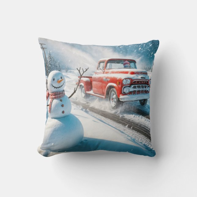 Kerst Rode Retro Truck Met Sneeuwman Kussen (Voorkant)