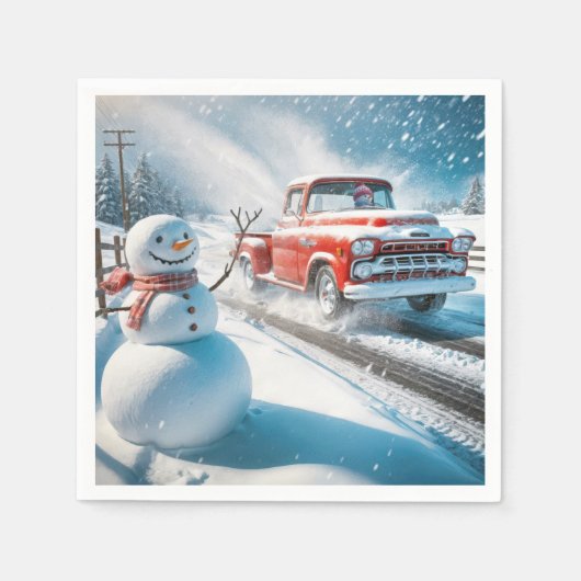 Kerst Rode Retro Truck Met Sneeuwman Servet (Voorkant)