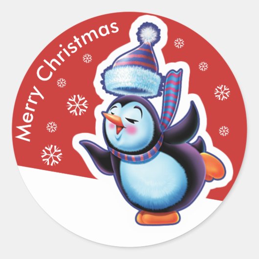 Kerst rode ronde sticker Penguin schaatsen. (Voorkant)