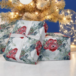 Kerst Rode Rozen Blauwe Spar Wintervakantie Cadeaupapier