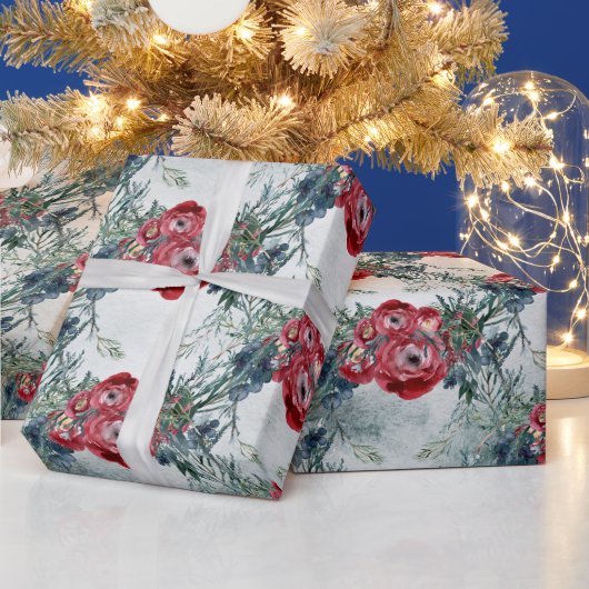 Kerst Rode Rozen Blauwe Spar Wintervakantie Cadeaupapier (Feestdagen)