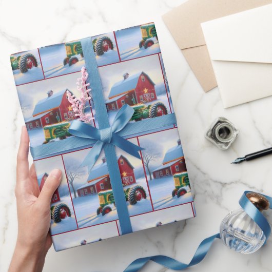 Kerst rode schuur met groene tractor cadeaupapier (Geschenken)