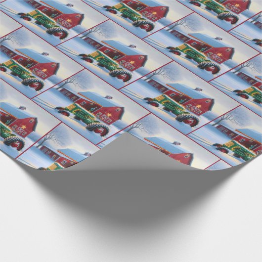 Kerst rode schuur met groene tractor cadeaupapier (Hoek)