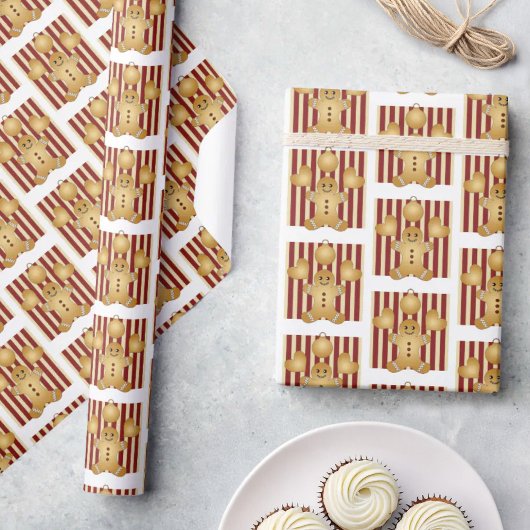 Kerst Rode Streep Schattige Gingerbread Man Cadeaupapier