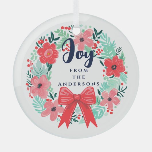 Kerst Rode strik Krans Blauwe vreugde Glas Ornament (Voorkant)