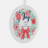 Kerst Rode strik Krans Blauwe vreugde Glas Ornament (Voorkant Rechts)