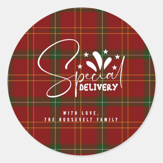 Kerst Rode Tartan Kerstruit Ronde Sticker (Voorkant)