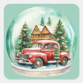 Kerst  rode truck in een sneeuwbol vierkante sticker (Voorkant)
