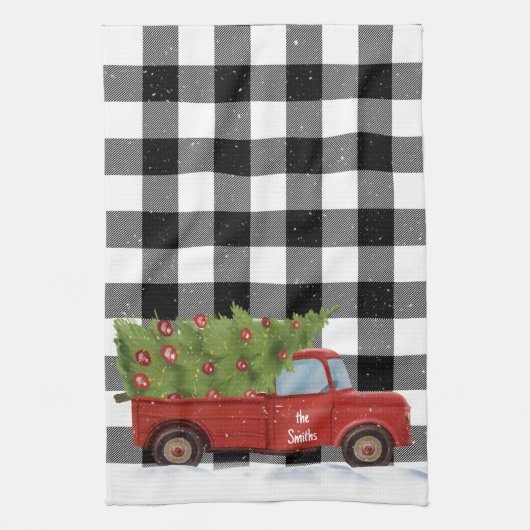Kerst Rode Truck Op Plaid Theedoek (Verticaal)