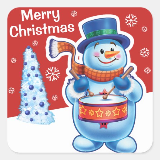 Kerst rode vierkant sticker Snowman drummer. (Voorkant)