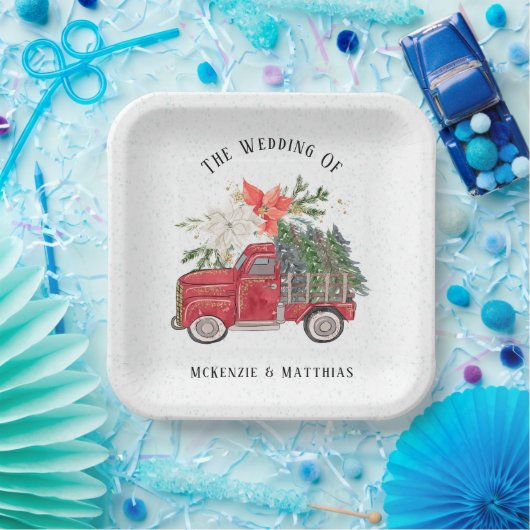 Kerst Rode Vrachtwagen en Bomen Bruiloft Papieren Bordje (Feest)