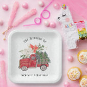 Kerst Rode Vrachtwagen en Bomen Bruiloft Papieren Bordje (Feest)