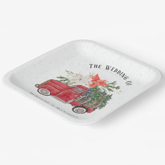 Kerst Rode Vrachtwagen en Bomen Bruiloft Papieren Bordje (Gebogen)