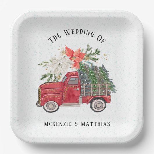 Kerst Rode Vrachtwagen en Bomen Bruiloft Papieren Bordje (Voorkant)