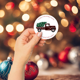 Kerst Rode Vrachtwagen Groen geruite Boom Envelop  Ronde Sticker