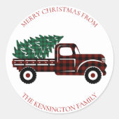 Kerst Rode Vrachtwagen Groen geruite Boom Envelop Ronde Sticker (Voorkant)