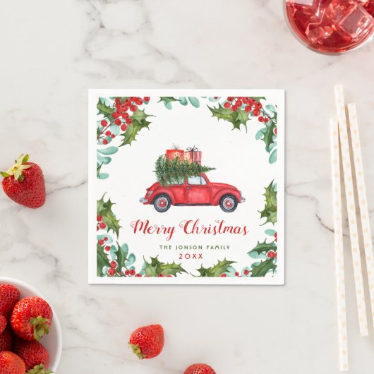 Kerst Rode Vrachtwagen Holly Berry krans Waterverf Servet (Insitu)