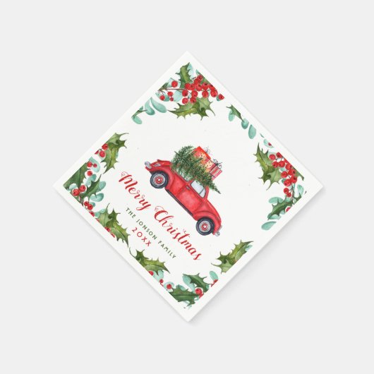 Kerst Rode Vrachtwagen Holly Berry krans Waterverf Servet (Hoek)