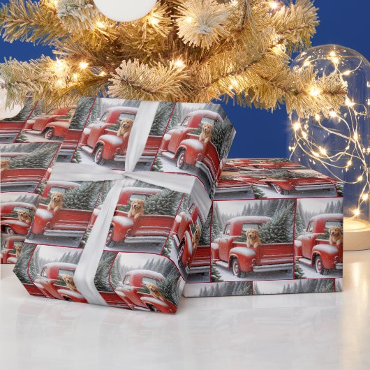 Kerst Rode Vrachtwagen met Gouden Retriever Cadeaupapier (Feestdagen)