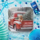 Kerst Rode Vrachtwagen met Gouden Retriever Papieren Bordje (Feest)