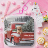 Kerst Rode Vrachtwagen met Gouden Retriever Papieren Bordje (Feest)