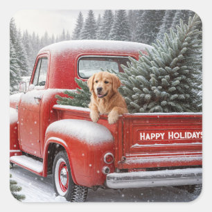 Kerst Rode Vrachtwagen met Gouden Retriever Vierkante Sticker