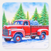 Kerst Rode Vrachtwagen met Pijnbomen Vierkante Sticker (Voorkant)