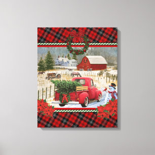 kerst rode vrachtwagen op paardenschilderij canvas afdruk