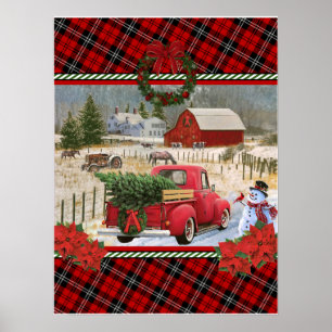kerst rode vrachtwagen op paardenschilderij poster