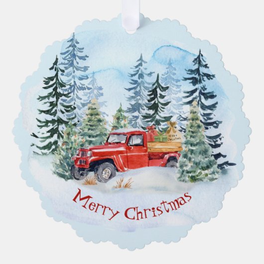 Kerst  rode vrachtwagen sneeuwman familie ornament kaart (Voorkant)